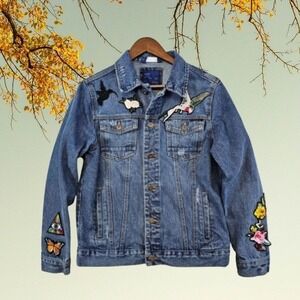 Zara Man Embroidered Denim Jacket Medium Appliqué Patchwork Festival‎ Y2K